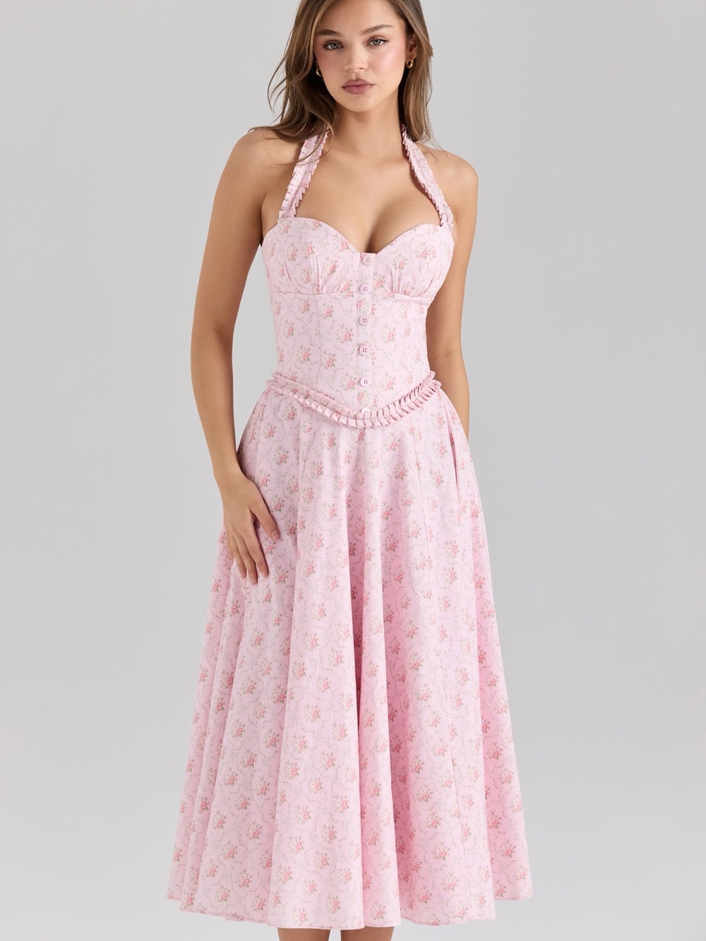 House of CB Pink Floral Halter Midi Dress - Picture 2 of 6
